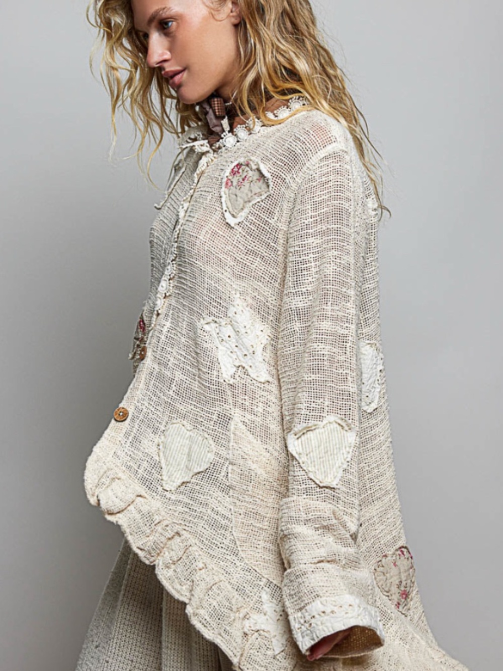 #1012 POL Textured Floral Appliqué Cardigan in Wheat - Picture 3 of 6
